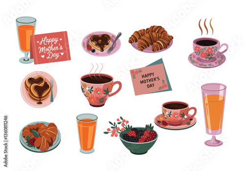 Mothers Day Breakfast with Coffee, Juice, Croissants, Waffles, Berries, and Greeting Cards