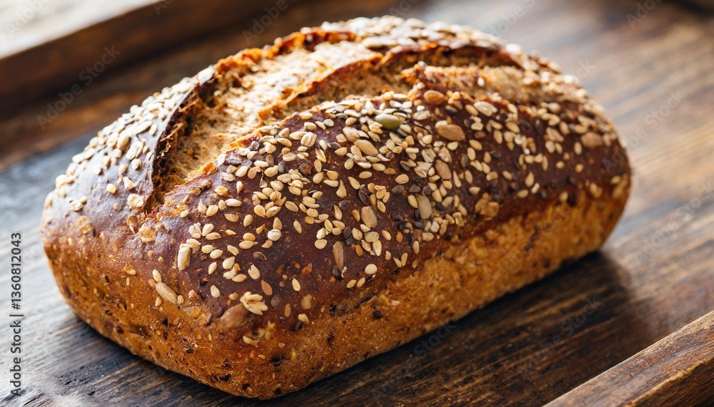 Freshly Baked Multigrain Bread with Seed Crust Captured Overhead on Rustic Tray in Soft Morning Kitchen Glow Freshly Baked Multigrain Bread with Seed Crust Captured Overhead on Rustic Tray in Soft Morning Kitchen Glow