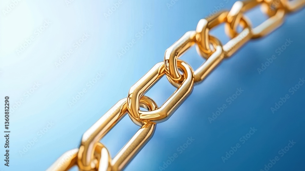 Fototapeta premium Digital transformation concept. Close-up of a shiny gold chain against a soft blue background.