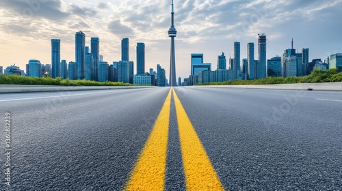 Empty city road leading to Toronto skyline.  Possible use Stock photo for travel, business, or architecture