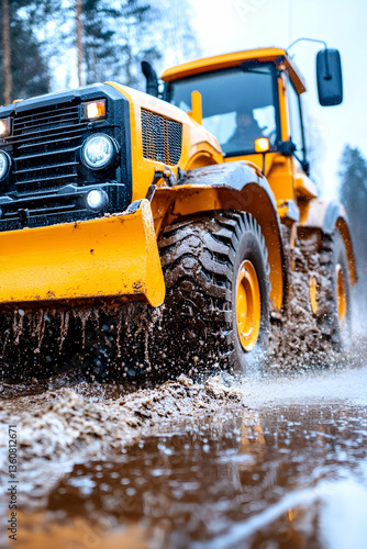Yellow tractor plowing muddy winter forest road