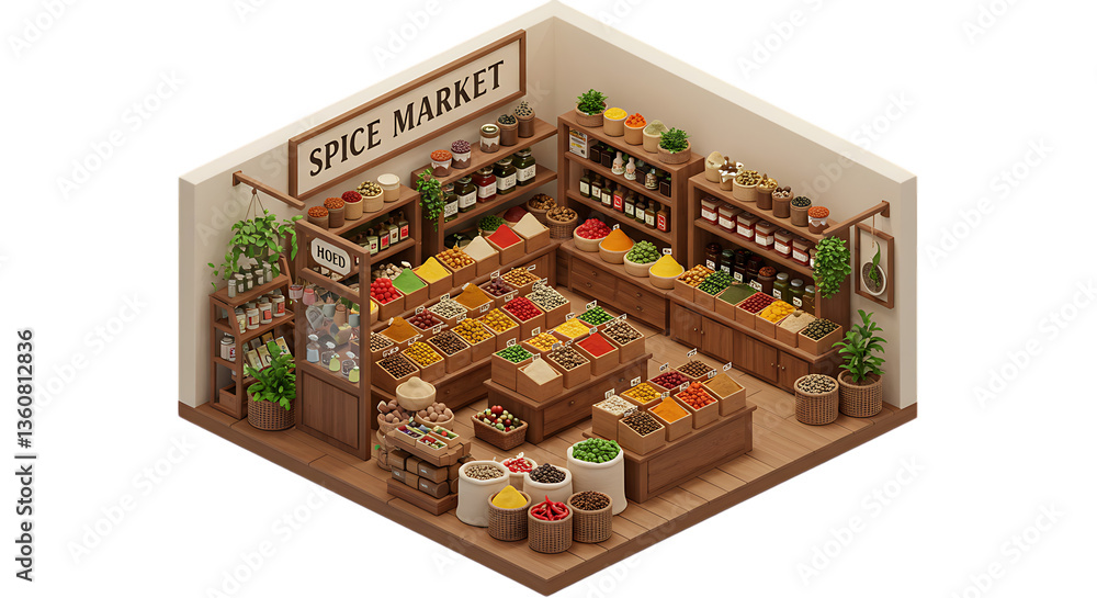 Obraz premium Isometric Spice Market View with Variety of Spices in Boxes