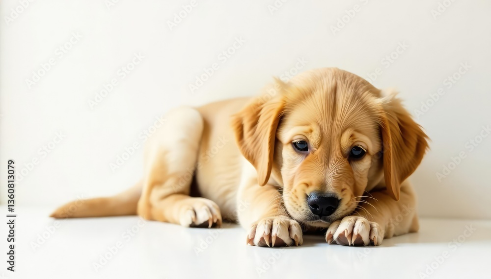 Golden retriever puppy lies down, head tilted, on white backdrop , paws, isolated, cute Golden retriever puppy lies down, head tilted, on white backdrop , paws, isolated, cute