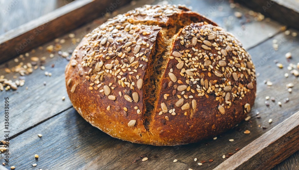 Freshly Baked Multigrain Bread with Seed Crust Captured Overhead on Rustic Tray in Soft Morning Kitchen Glow Freshly Baked Multigrain Bread with Seed Crust Captured Overhead on Rustic Tray in Soft Morning Kitchen Glow