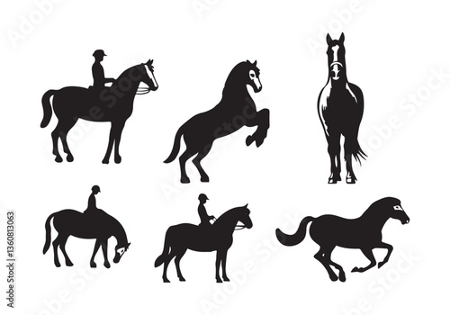 Horse and Rider Silhouettes Set with Galloping, Standing, and Walking Horse Poses in Vector Style