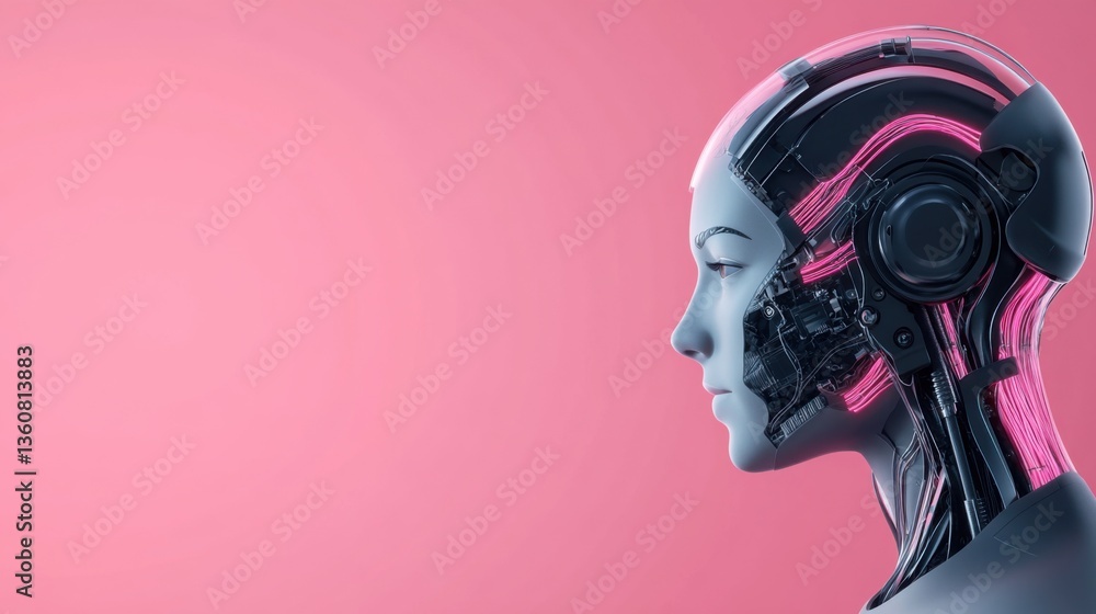 Futuristic robotic head with glowing circuitry on pink background showcasing advanced technology and design concepts
