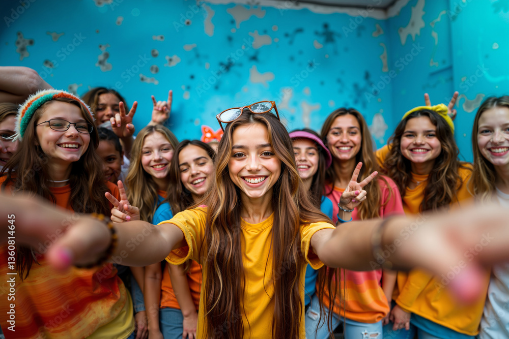 Fototapeta premium A group of young women posing for a picture with their hands in the air