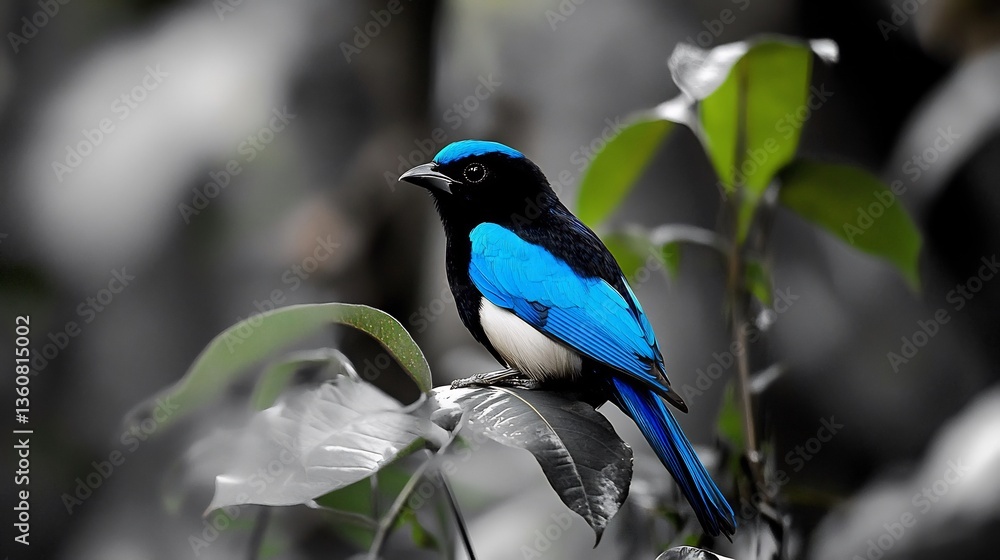 Obraz premium Luminous turquoise tanager perched in a grayscale jungle its electric blue feathers glowing