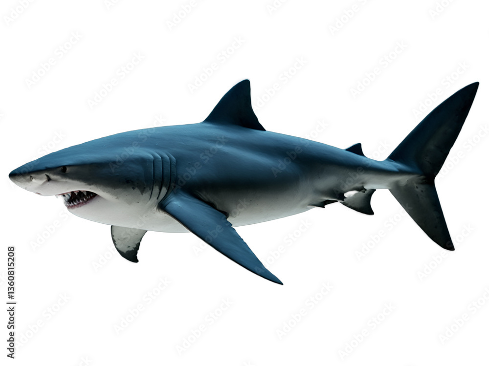 Fototapeta premium Majestic Shark, A Striking Full-Body Portrait of a Powerful Marine Predator Against a Stark Backdrop, Showcasing its Grace, Power, and the Mystery of the Deep Ocean Realm