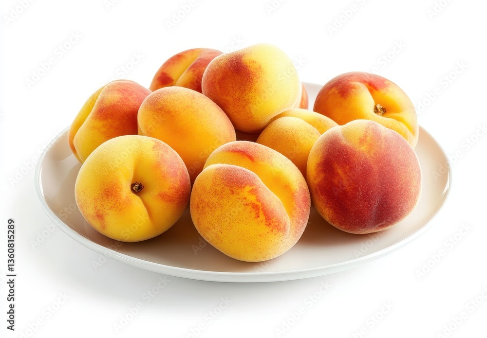 Fresh and Juicy Peaches on a White Plate with Vibrant Colorful Skin Ready for Enjoyment and Culinary Use in Summer Recipes and Desserts Fresh and Juicy Peaches on a White Plate with Vibrant Colorful Skin Ready for Enjoyment and Culinary Use in Summer Recipes and Desserts