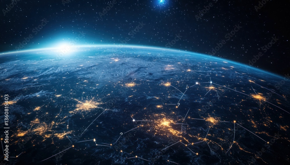 Obraz premium Global connectivity: Earth viewed from space, showcasing illuminated cities