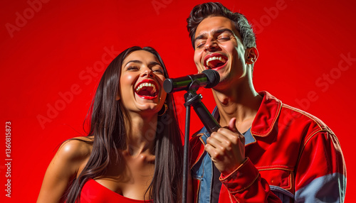 A man and a woman singing into a microphone