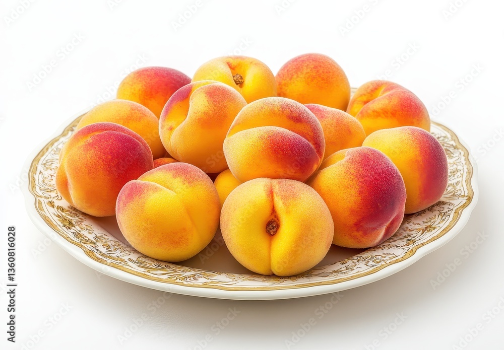 Fresh and Juicy Peaches on Ornate Plate Perfect for Summer Recipes, Fruit Salads, or Decorative Centerpieces in Bright Natural Light