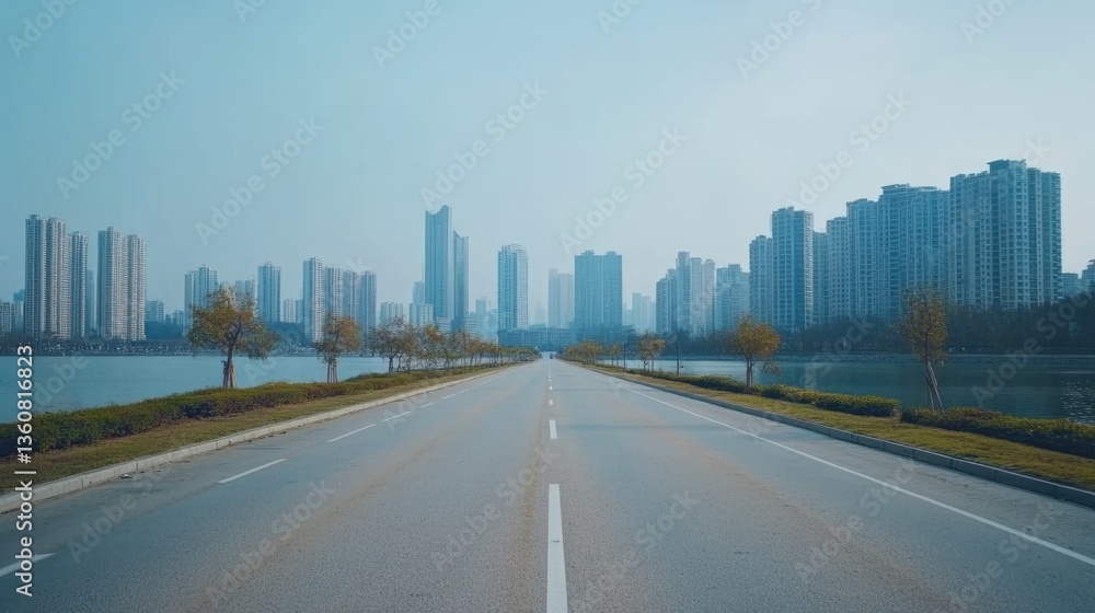 Obraz premium Empty Road Leading to Cityscape, Urban Landscape, Calm Morning