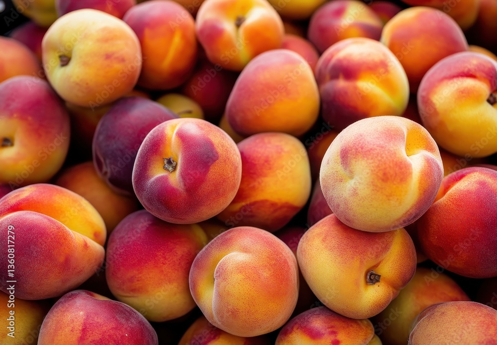 Fresh and Juicy Peaches Piled Together at a Market Display, Showcasing Their Vibrant Colors and Natural Texture