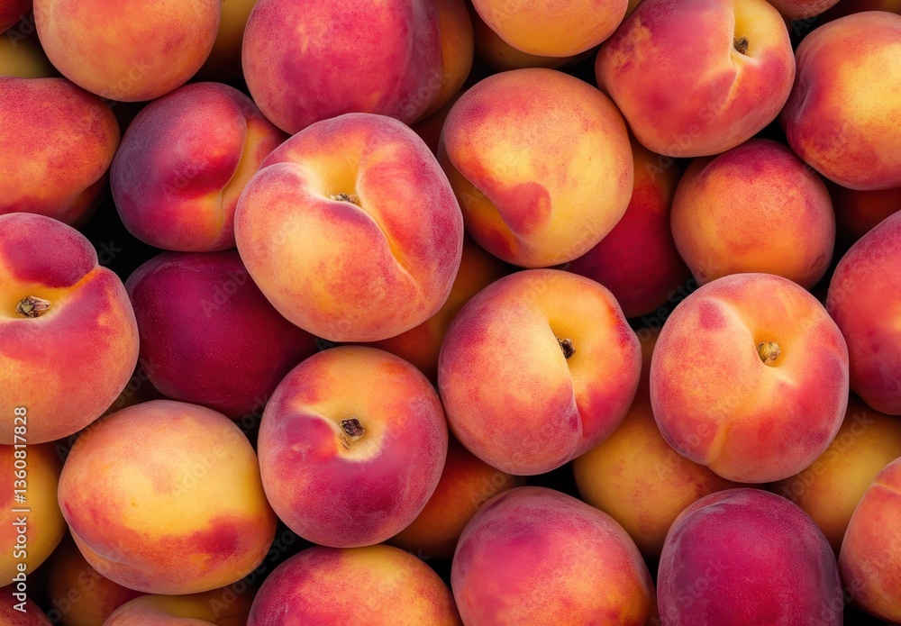 Fresh and Juicy Peaches Piled Together in a Colorful Display, Showcasing Their Vibrant Hues and Natural Variations in Texture and Shape Fresh and Juicy Peaches Piled Together in a Colorful Display, Showcasing Their Vibrant Hues and Natural Variations in Texture and Shape