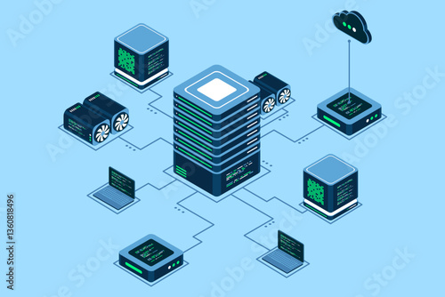Computer technology isometric illustration. Computation of big data center. Cloud computing. Online devices upload and download information. Isometric technology