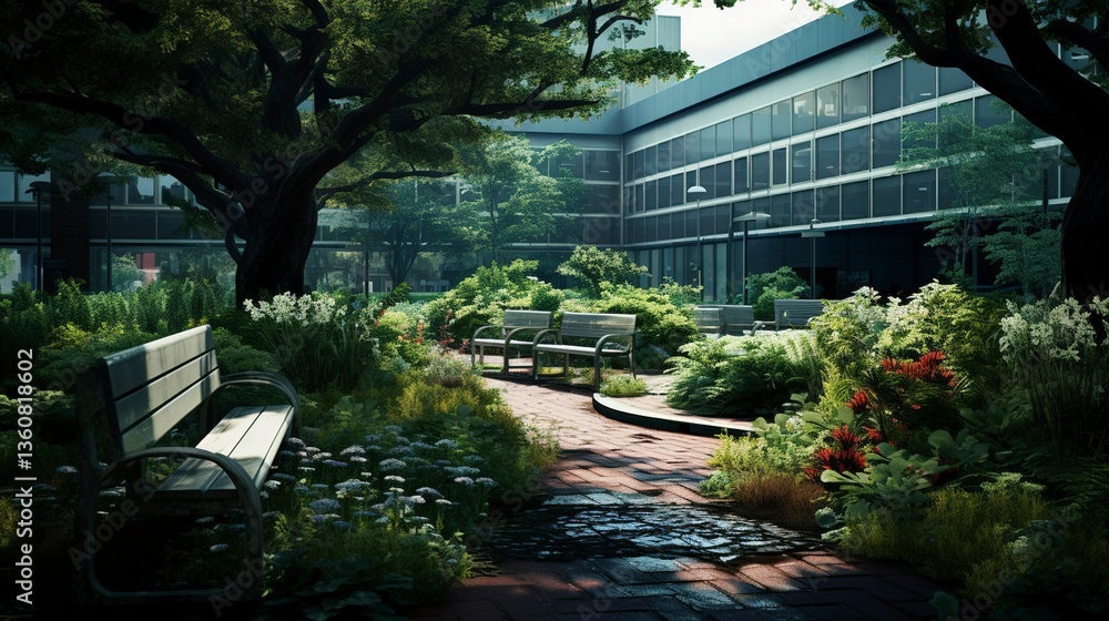 Tranquil outdoor seating area with tables and chairs amidst lush greenery Tranquil outdoor seating area with tables and chairs amidst lush greenery