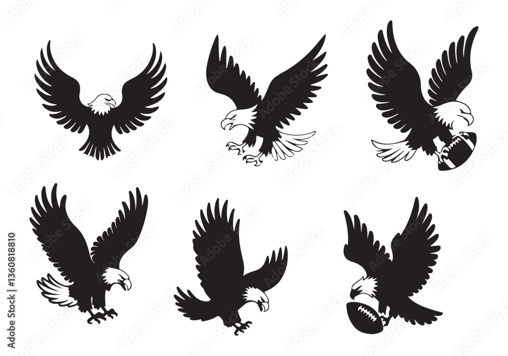 Fototapeta premium Eagle Silhouette Icons in Flight and Landing Poses with Claws Out and American Symbol Style