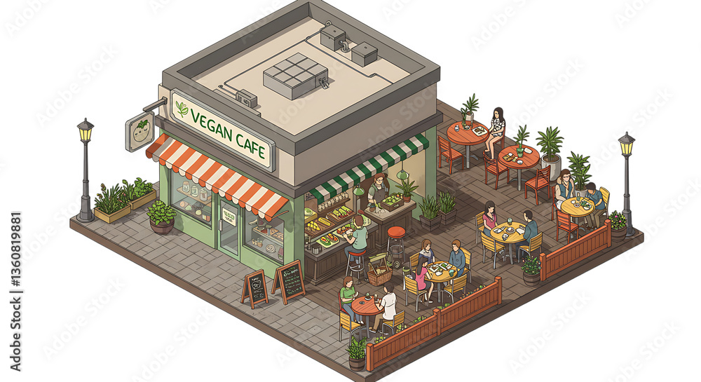 Obraz premium Isometric Vegan Cafe Illustration with People Dining and Working Outside