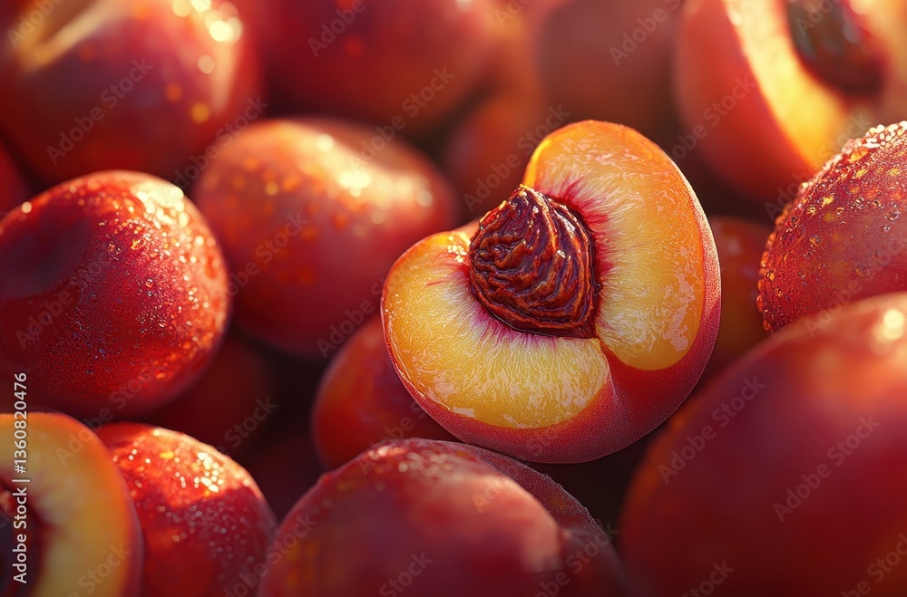 Fototapeta premium Fresh and Juicy Peaches with Dew Drops in Close Up Detail Showcasing Natural Fruit Texture and Vibrant Colors for Culinary and Food Photography