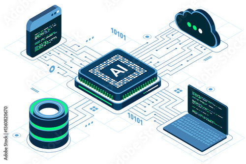 Isometric artificial intelligence chip concept. Artificial Intelligence server. Futuristic microchip processor. Isometric cloud computing. Isometric technology
