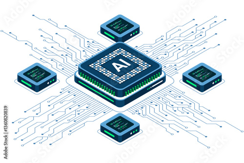 Isometric artificial intelligence chip concept. Artificial intelligence concept. Futuristic microchip processor. Isometric technology