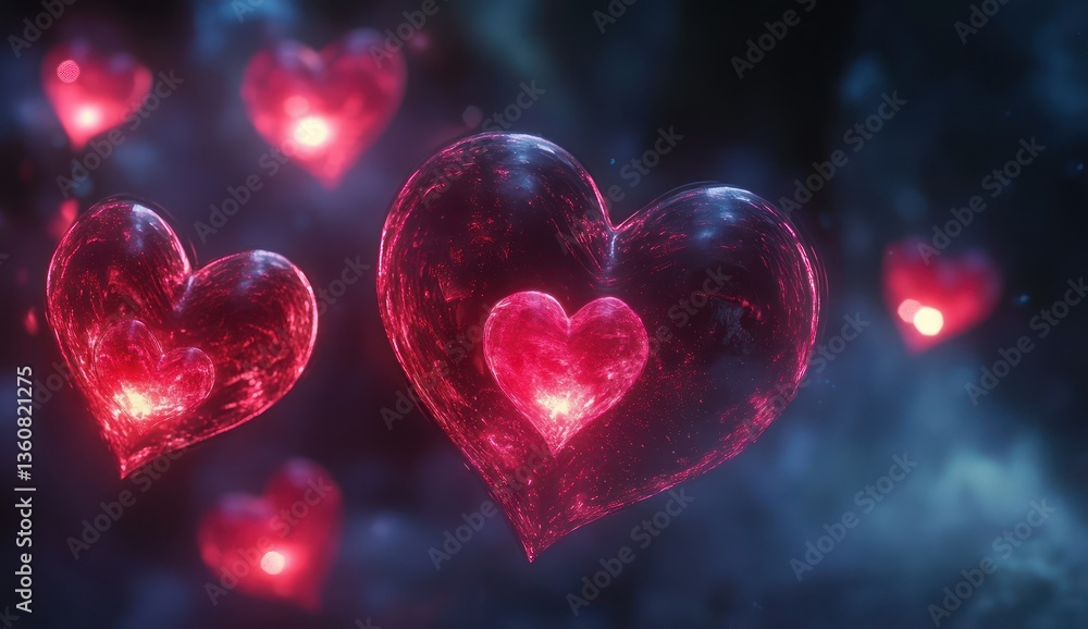 Glowing Glass Hearts with Dark Background. Glowing Glass Hearts with Dark Background.