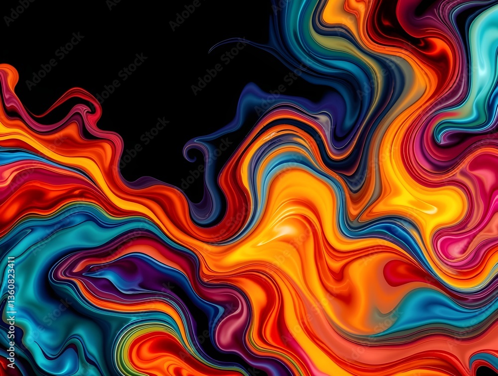 Fototapeta premium Abstract background with colorful waves in orange, yellow, red, blue and green, 3D paint texture wallpaper