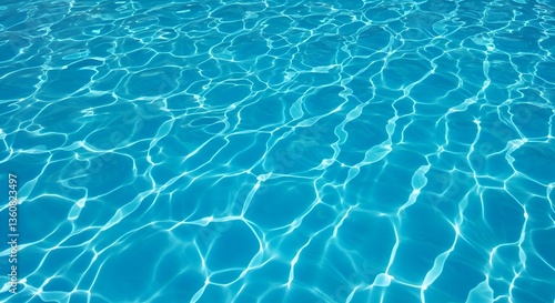A top-down shot showing a close-up texture of clear blue water in a swimming pool or similar body of water. The sunlight creates a pattern of light and shadow on the water's surface.