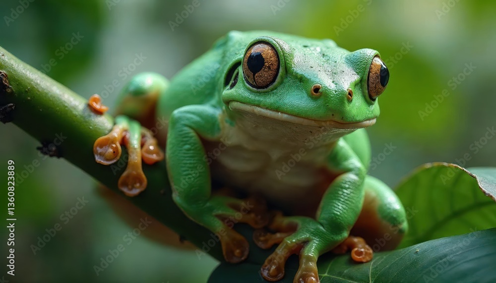 Naklejka premium Vibrant Green Tree Frog on Lush Foliage