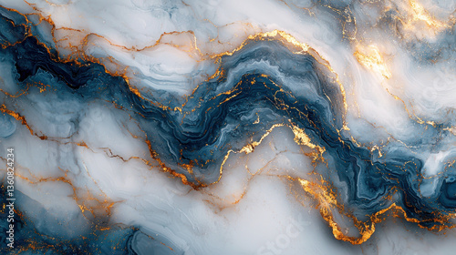 Blue and Gold Marble Texture with Fluid Ink Patterns