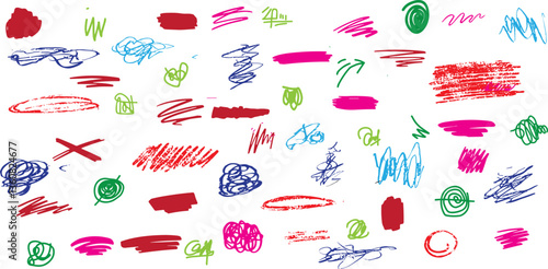 Grungy vector scribble element set. Playful colorful hand-drawn textured childish hatching. 