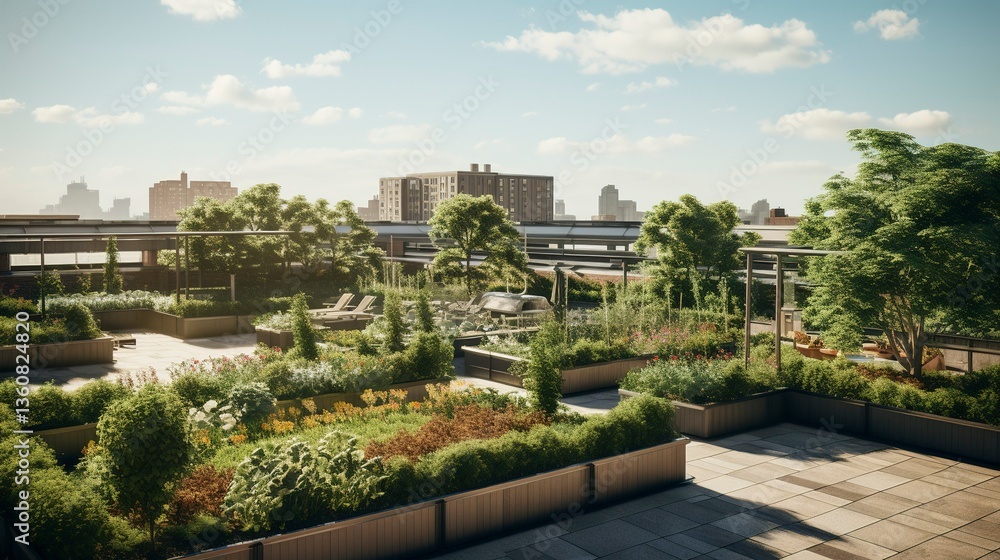 Urban rooftop garden with lush greenery and city skyline in the background. Urban rooftop garden with lush greenery and city skyline in the background.