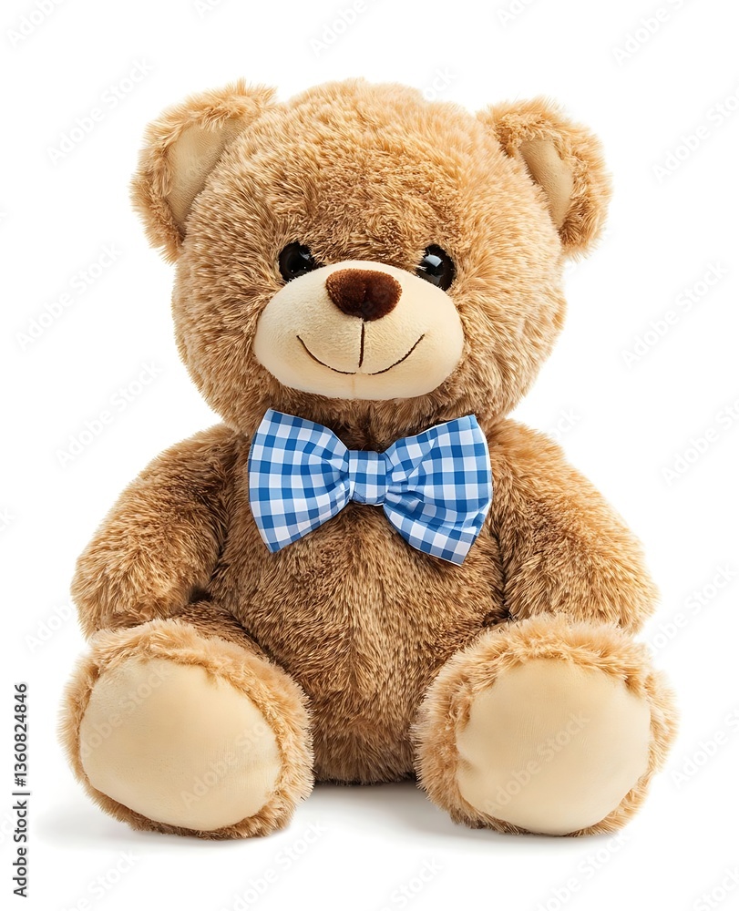 Obraz premium Adorable brown teddy bear wearing a blue checkered bow tie, isolated on a clean white background. High-quality, detailed photograph showcasing the charm of this classic toy.