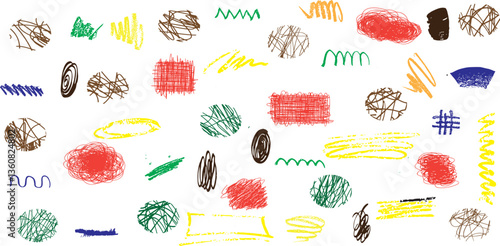 Grungy vector scribble element set. Playful colorful hand-drawn textured childish hatching. 