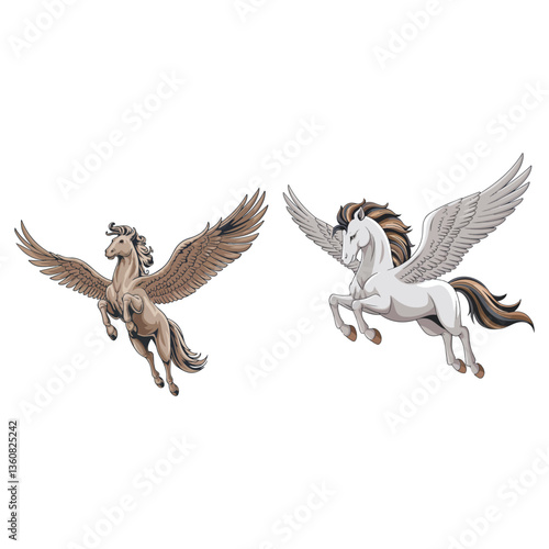 Magical Flying Pegasus Horses with Wings, Fantasy Horse Art for Mythical Design Projects