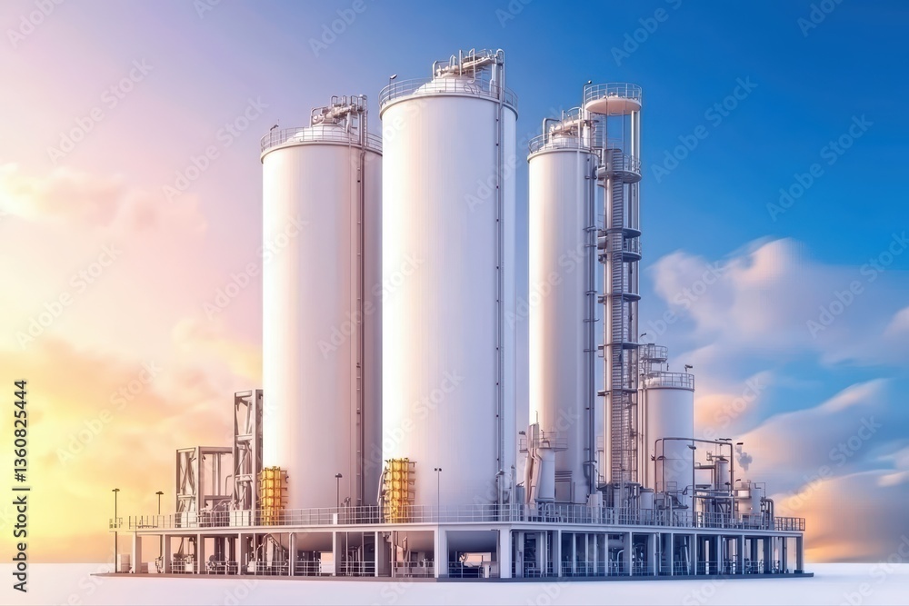 Obraz premium Industrial storage tanks against vibrant sky backdrop