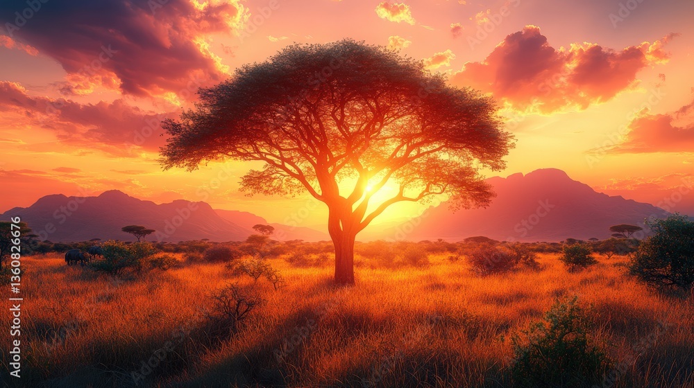 Fototapeta premium Serene African savanna sunset landscape, silhouetted acacia tree, vibrant orange sky, majestic mountains.
