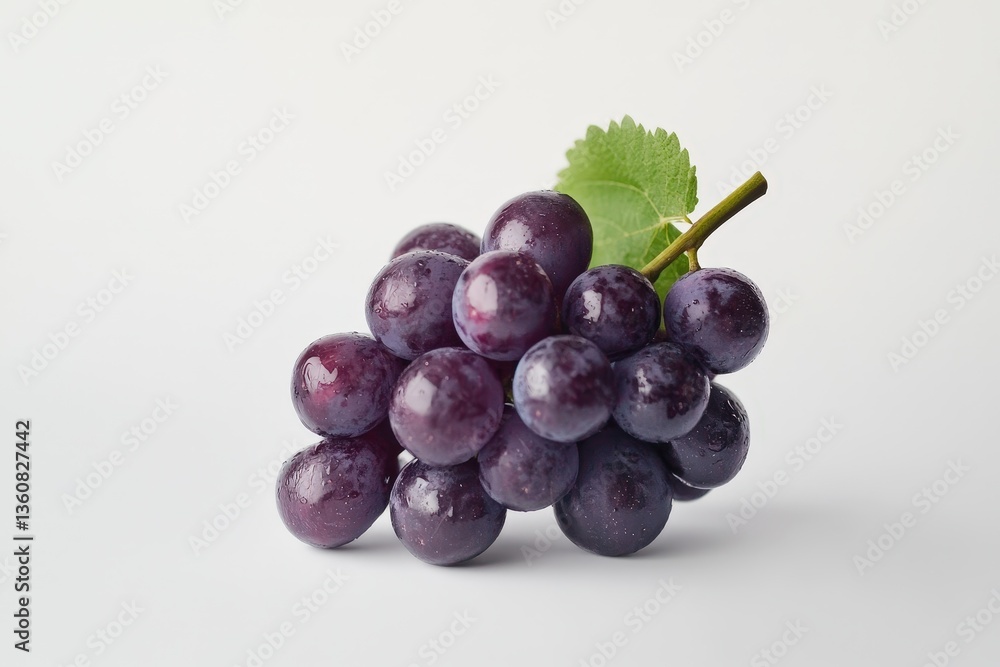 Fototapeta premium A cluster of dark purple grapes with a green leaf