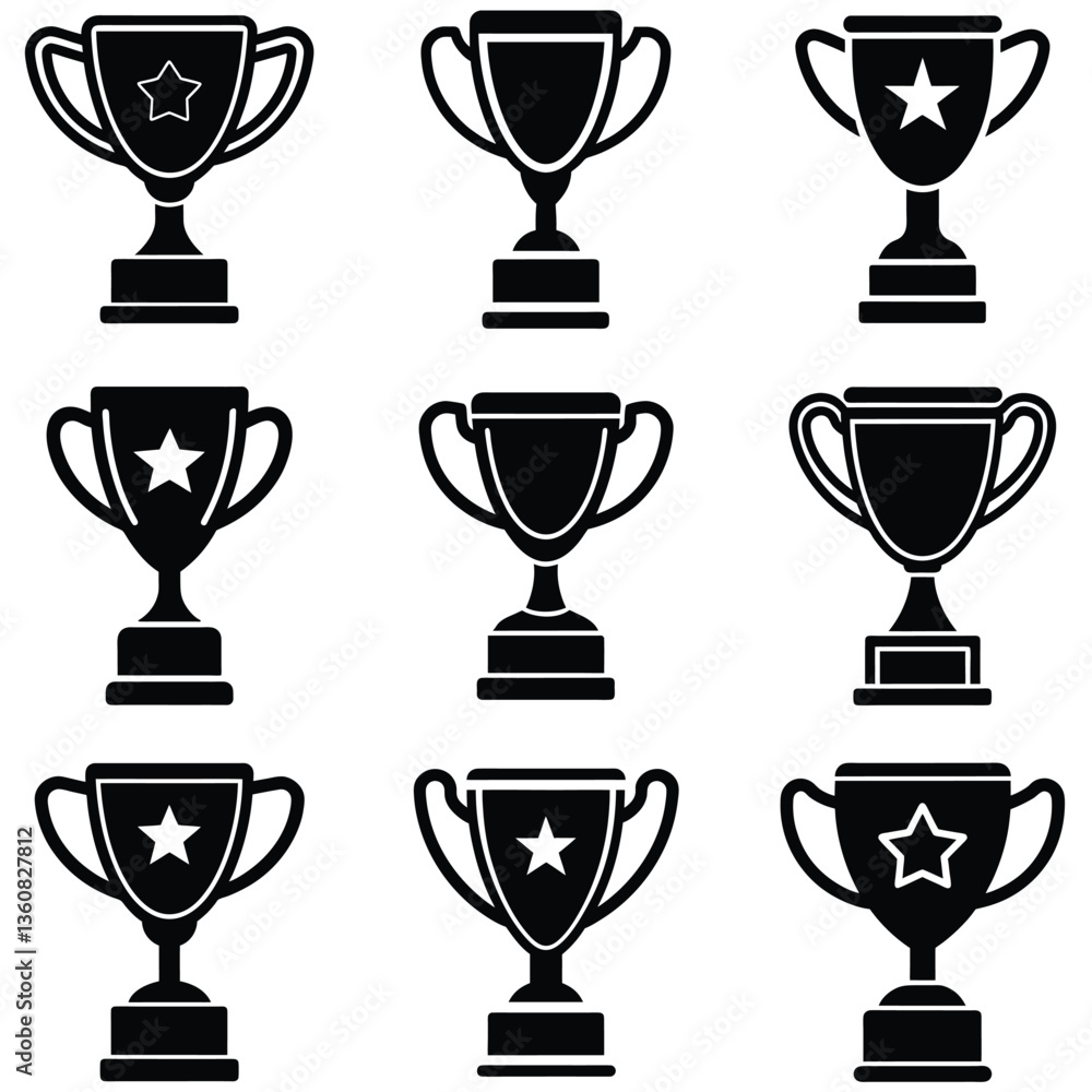Obraz premium Collection of Black Silhouette Trophy Designs. A set of nine simple, black silhouette trophy designs, perfect for use in presentations, templates, website graphics, or digital marketing materials.