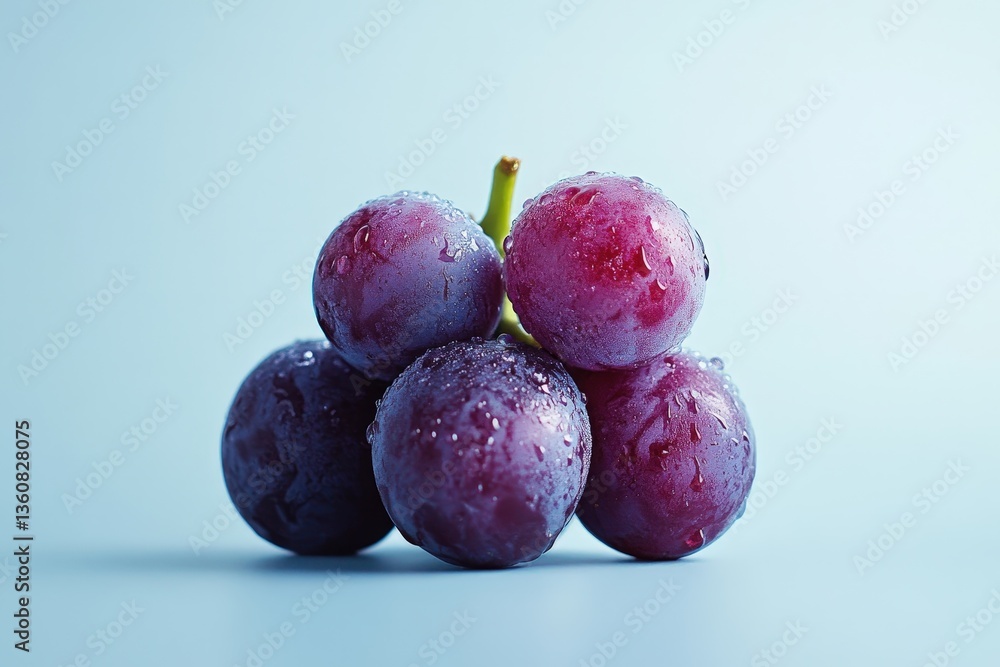 Obraz premium Fresh cluster of purple grapes with water droplets shown