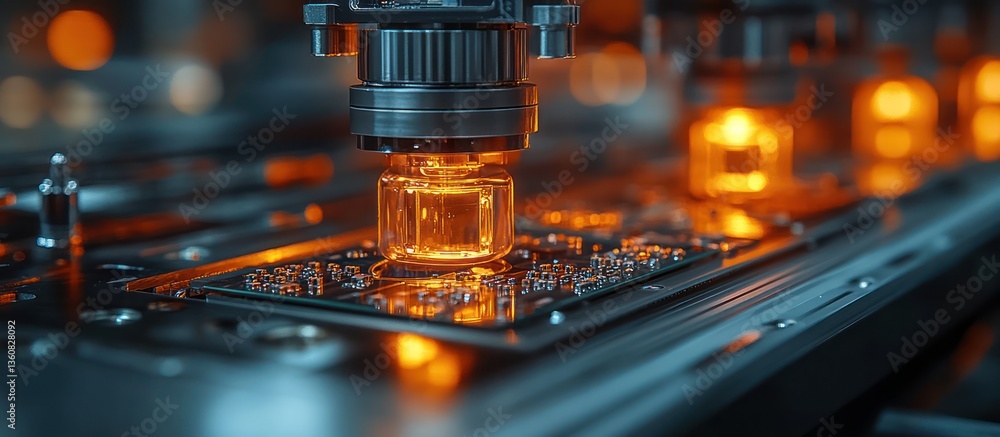 Automated machine placing component on circuit board. Automated machine placing component on circuit board.
