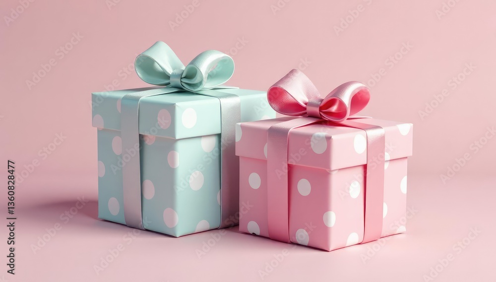 Obraz premium Subtle pastel coloured gift boxes with polka dots, minimal, soft, adorable