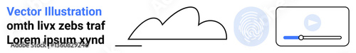 Cloud outline, digital fingerprint, video player bar layout representing security, media, and tech. Ideal for apps, security systems, streaming, UX design cloud storage tutorials simple landing