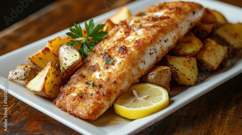 Crispy haddock fillet with rustic potato wedges served with lemon and parsley