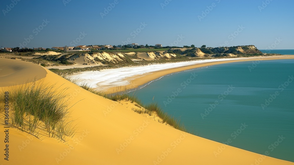 Serene coastal view with golden sand and white seafoam under clear blue sky Serene coastal view with golden sand and white seafoam under clear blue sky