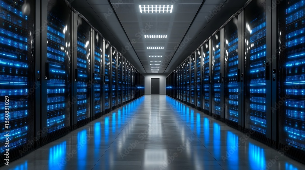 Server Room Filled With Computing Racks And Bright Blue Lights Server Room Filled With Computing Racks And Bright Blue Lights