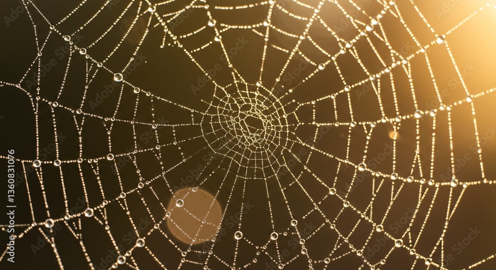 Obraz premium Dew-Covered Spider Web in Golden Light
