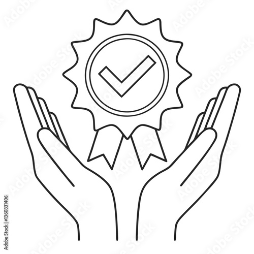 Securely held achievement, a symbol of guaranteed success and quality, depicted with gentle hands and a clean line art style.
